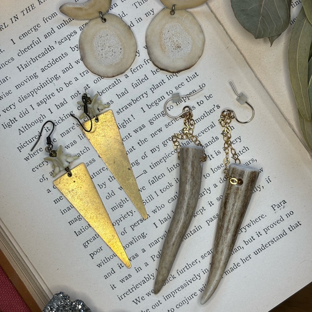 Brass Bone & Natural Horn Earrings Lot (3) Natural Woods Witch Boho